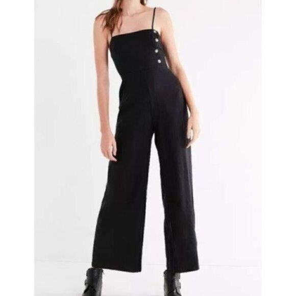 Urban Outfitters UO Straight-Neck Linen Button-Down Jumpsuit Black 0 ~ NWT - Picture 1 of 12